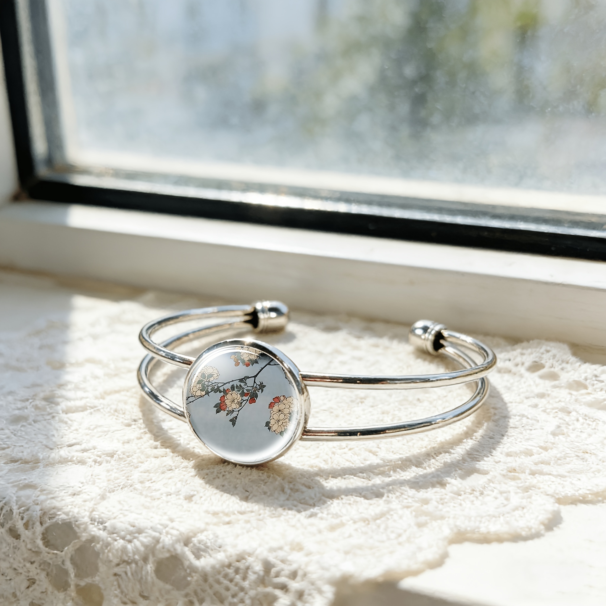 Adjustable Open-End Bangle with Natural Pink Flower Design